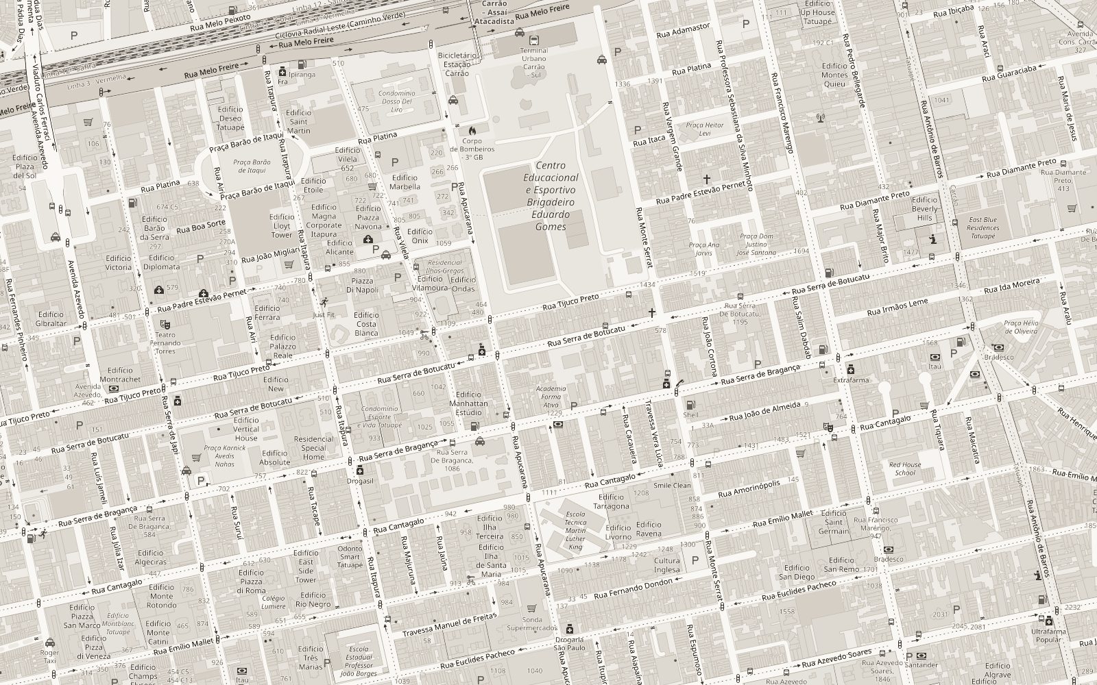 Mapa do Tatuapé com a Rua Serra de Botucatu, 880, marcada, perto da estação Carrão do metrô
